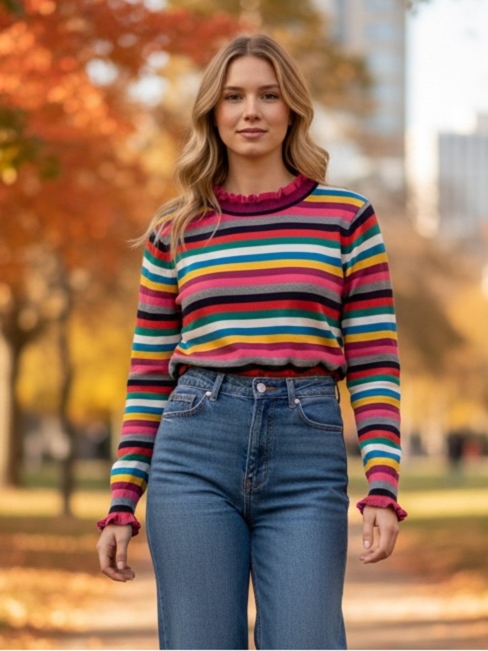 JOULES STRIPED LIGHTWEIGHT SWEATER SIZE 2 XS RUFFLED COLLAR ELASTIC HEM COLORFUL